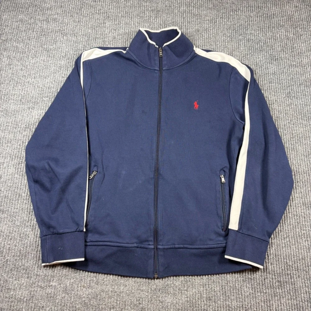 Polo Ralph Lauren Jacket Men's L Blue‎ Full Zip Track Side Stripe Red Pony